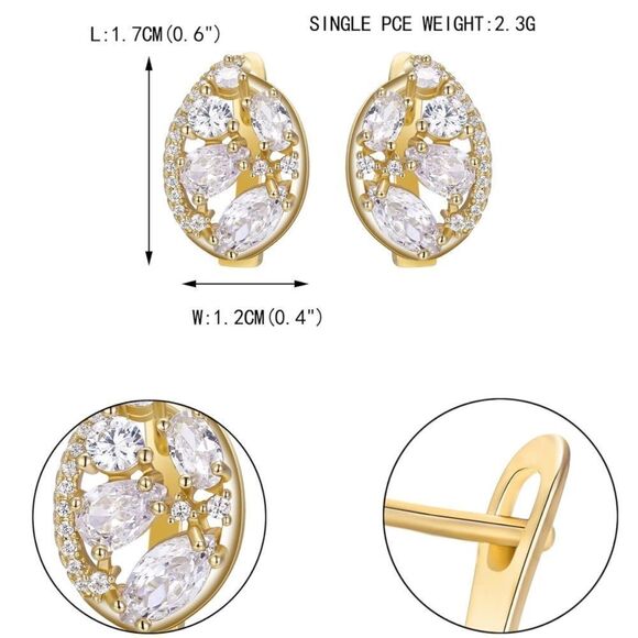 Yellow Gold with White Diamond Cubic Zirconia French Clip Oval Drop Earrings